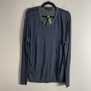 Theory Sweater Mens XL Blue Stripe Kipp V Neck Cotton Silk Pullover Knit New